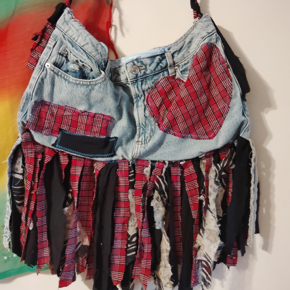 Patchwork Denim and Plaid Shoulder Bag